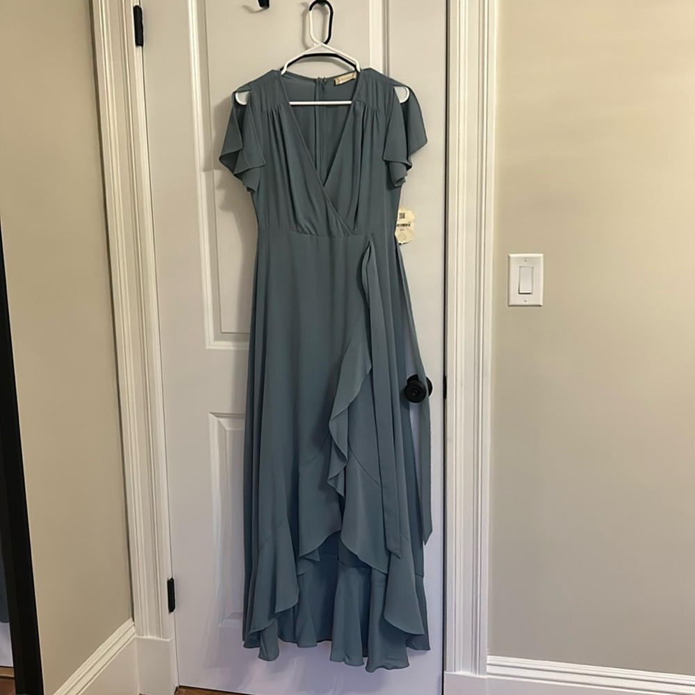 Flutter sleeve side tie maxi chiffon dusty blue never worn